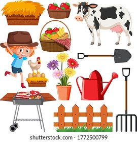 Conjunto de elementos de jardinería en la ilustración de fondo blanco