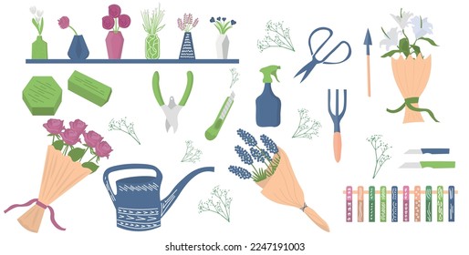 Set of gardening items on white background