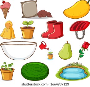 Set of gardening items and other things on white background illustration