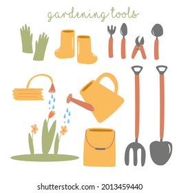 A set of gardening items. Pruner, shovel, watering can, hose, pitchfork, boots, gloves and shovel. Vector flat illustration 