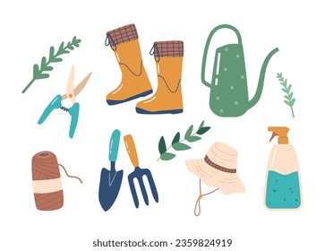 Set Of Gardening Items, Scissors, Rubber Boots, Watering Can and Sprayer. Hat, Scoop, Rake and Rope Isolated Elements