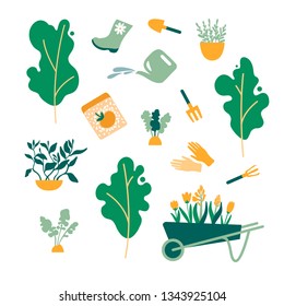 Set of gardening items. Trees, plants, fruits, herbs, tools, gloves, boots, rakes, shovels, seeds, flowers cart. Vector illustration.