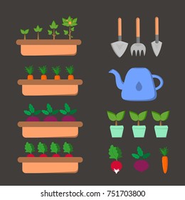 Set of gardening items with vegetables and tools