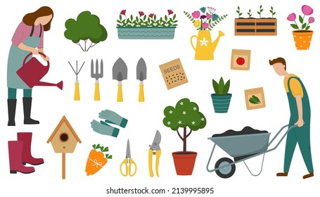 Set of gardening items. Woman with watering can, man with wheelbarrow. Hand drawn agricultural and garden tools for spring work. Isolated vector illustration