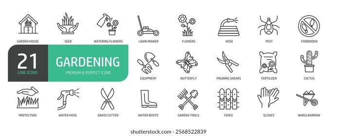 Set Of Gardening Line Icons. The set includes a Flowers, Hose, Seed, Pest, Pruning Shears, Fertilizer, Lawn Mower, Grass Cutter, Garden Tools, Wheelbarrow, and more.