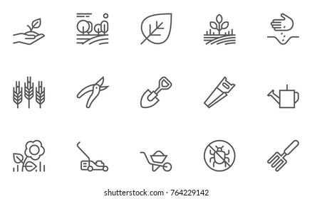 Set of Gardening Line Icons with Seeding, Flowers, Tools and more. Editable Stroke. 48x48 Pixel Perfect.
