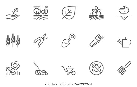 Set of Gardening Line Icons with Seeding, Flowers, Tools and more. Editable Stroke. 48x48 Pixel Perfect.