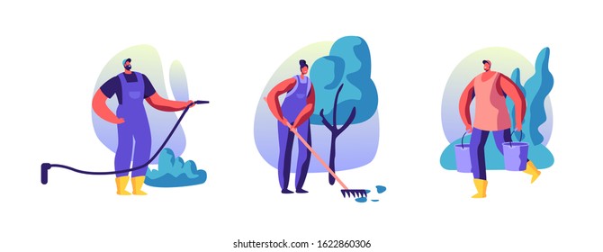 Set of Gardening People Isolated on White background. Worker Watering Plants with Hose, Woman Raking Ground, Man Bringing Water in Buckets. Gardeners or Farmers Working. Cartoon Vector Illustration