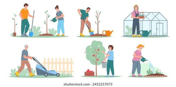 Set of gardening people isolated on white background. Gardeners or farmers watering, planting, growing and mowing. Agricultural workers in garden or city park. Flat or cartoon vector illustration.