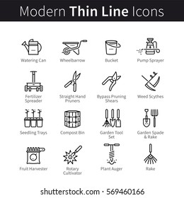 Set of gardening and plant growing tools. Instruments for working, harvesting and landscaping. thin black line art icons. Linear style illustrations isolated on white.