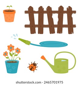 A set for gardening and planting plants - a wooden fence, a watering hose, a watering can, a flower in a pot, a ladybug. Vector illustration on a white background.