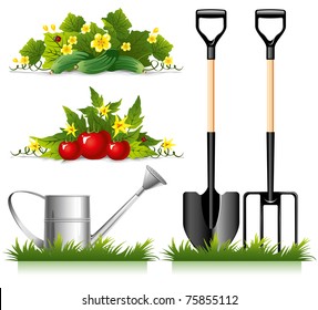 Set of gardening related items and vegetables. Vector.