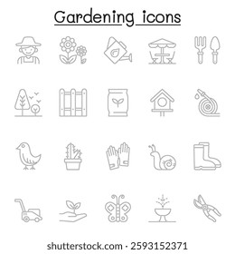 Set of Gardening Related Vector Line icon. Contains such icon as gardener, glove, lawnmower, plant, butterfly, fertilization, seeding, boot, shovel, watering can and more