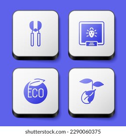 Set Gardening scissors, Colorado beetle, Eco healthy food and Sprout icon. White square button. Vector