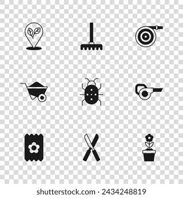 Set Gardening scissors, Leaf garden blower, Flower pot, Colorado beetle, hose, Location with leaf, rake and Wheelbarrow icon. Vector