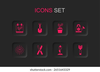 Set Gardening scissors, Shovel, Calendar with autumn leaves, Flower tulip, Watering can, pitchfork, Plant pot and Sun icon. Vector