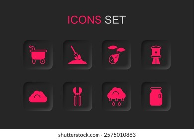 Set Gardening scissors, Shovel the ground, Wheelbarrow, Cloud with rain, Water tower, Glass jar screw-cap, Sprout and Cloudy weather icon. Vector