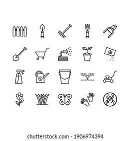 Set of gardening and seeding activities line icons. Contains such Icons as Auto Watering, Seeding, Garden Tools and more. Line style icons for web and ui design. Editable Stroke.