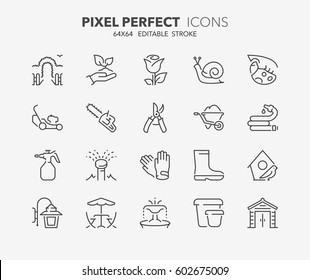 Set of gardening and seeding activities, thin line icons. Contains icons as garden, sprinkler irrigation, outdoor lighting ,garden shed, tools and more. Editable vector stroke. 64x64 Pixel Perfect.