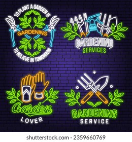 Set of gardening services neon emblem, label, badge, logo. Vector illustration. Colorful neon light design with flower, hand garden trowel, farming fork, sprayer, hand rake, gloves safety, gardening