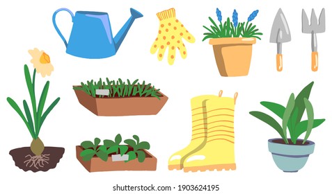 Set of gardening supplies isolated on white. Hand drawn vector illustrations. Colored cartoon doodles. Drawings of tools, home potted plants, gloves, rubber boots. Elements for design, print, sticker.