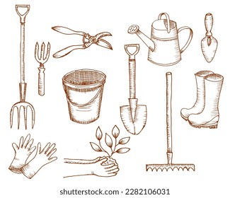Set of Gardening Tool Hand Drawn