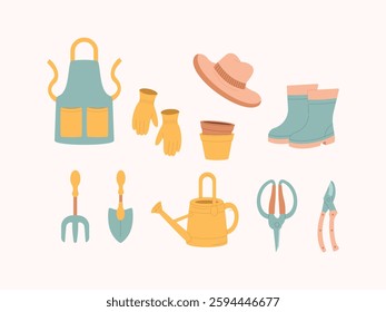 A set of gardening tools and accessories, including gloves, boots, an apron, a hat, a watering can, plant pots, and pruning shears. Perfect for gardening themes, DIY projects, and home decor.