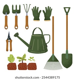 A set of gardening tools and accessories: shovel, rake, scissors, watering can, gloves, seedlings in the ground. Vector illustration isolated on a white background.