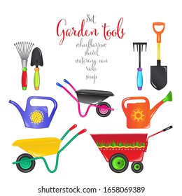 Set of gardening tools in cartoon style, bright colors. Vector.