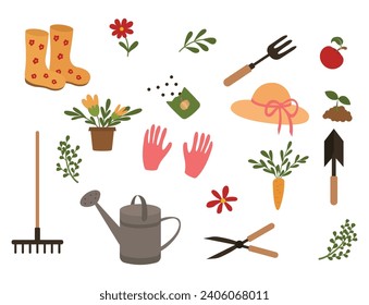 Set of gardening tools in cartoon style. Vector illustration of gardening items: rubber boots, seeds, rake, spade, watering can, gloves, secateurs, hat, flowers, leaves isolated on white background.