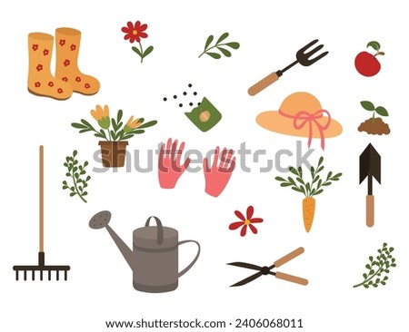 Set of gardening tools in cartoon style. Vector illustration of gardening items: rubber boots, seeds, rake, spade, watering can, gloves, secateurs, hat, flowers, leaves isolated on white background.