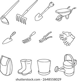 Set of gardening tools in clean line art. From hoes and shovels to gloves and watering cans, this collection has everything for your green thumb projects. Perfect for gardening blogs.