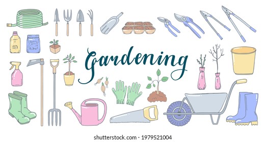Set von Gartenwerkzeugen im Doodle-Stil. Vorlage für Postkarte, Banner, Poster, Webdesign. Handgezeichnete Vektorgrafik.