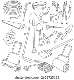 set of gardening tools in doodle style. Hose, shovel, scythe, gloves. Gardening equipment. Seasonal work. product for agricultural crops. Suitable for ecology, garden, household, packaging design
