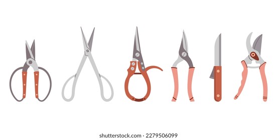 Set of gardening tools drawn in flat cartoon style isolated on white background.