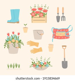 A set of gardening tools, equipment, and clothing. Gardening items, spade, bucket, flowerbed, boots, apron, gloves, flowers.Cute vector illustration.