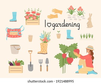 A set of gardening tools, equipment, and clothing. The girl collects strawberries. Garden supplies, shovel, bucket, flowerbed, apron, gloves, flowers, vegetables, hare figurine.