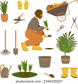 A set of gardening tools and equipment in a cute flat  hand-drawn style