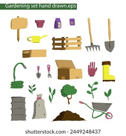 A set of gardening tools and equipment, hand drawn (many curves, low amount of straight lines). Isolated on white background (backdrop). Vector illustration.