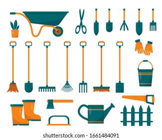 Set of gardening tools and equipment. Vector illustration of items for gardening and farming. 