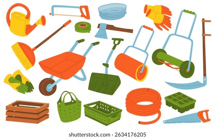 set of gardening tools. Flat color illustration. Watering can, gloves, scythe, wheelbarrow. Gardening tools. Seasonal work. product for agricultural crops. Suitable for ecology, garden, household