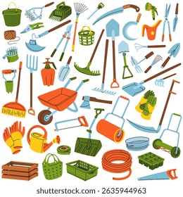 set of gardening tools. Flat color illustration with doodle elements. Gardening tools. Seasonal work. We take care of garden. products for agricultural crops. Suitable for ecology, garden, household