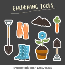 Set of gardening tools. Flat vector illustration. Boots, flower, shovel images.