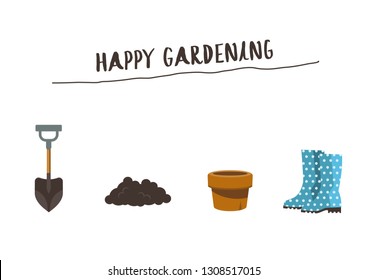 Set of gardening tools. Flat vector illustration. Boots, flower, shovel images.