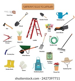 Conjunto de herramientas de jardinería vector plano aislado sobre fondo blanco. Elementos para jardín, concepto de jardinería. Herramientas de jardinería. Herramientas de trabajo.