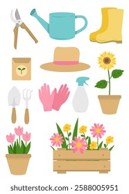 set of gardening tools and flowers, spring cartoon elements collection, gardening supplies flat illustration