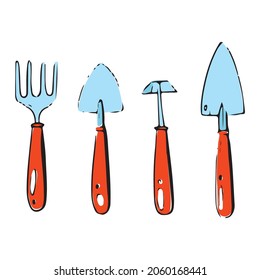 Set of gardening Tools: hand folk, had shovel, hiller, trowel. Vector illustration isolated on white. Accessories and tools for kitchen vegetable garden, doodle style, hand drawn