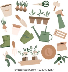 Conjunto de herramientas de jardinería. Elementos de jardín casero, lata de riego, hierba, guantes de jardín, flor de carrito y maceta, suelo, sombrero, pala. botas. Plantar a la señora imprimir, afiche, pegatinas. Agricultura urbana.  Hobby de temporada