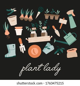 Set of gardening tools. Home garden elements, watering can, grass, garden gloves, cart and potted flowers, soil, hat, spade. boots. Plant lady print, poster, stickers. Urban farming.  Season hobby