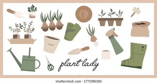 Set of gardening tools. Home garden elements, watering can, grass, garden gloves, cart and potted flowers, soil, hat, spade. boots. Plant lady print, poster, stickers. Urban farming.  Season hobby